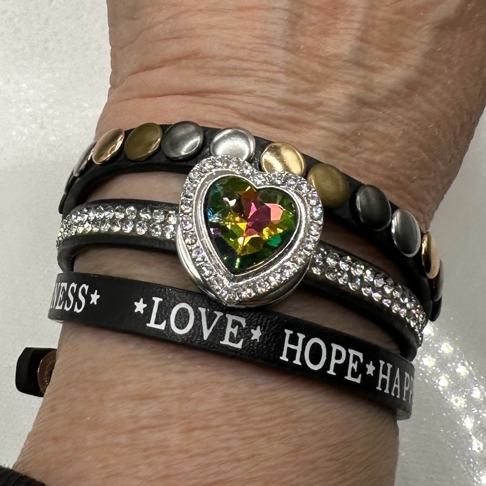Black Leather Snap Criss Cross Bracelet & Multicolor 18mm Heart Snap Love & Hope